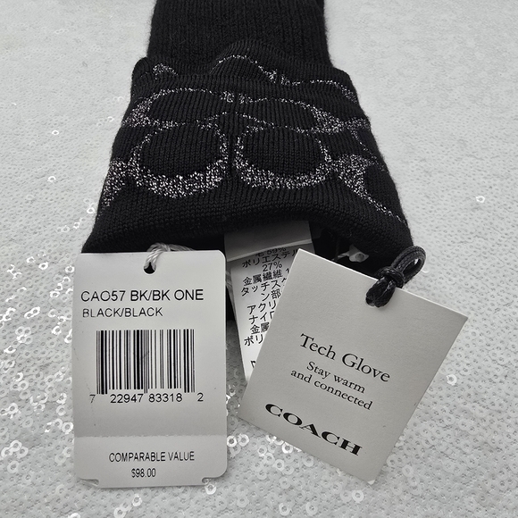 Coach Winter Knit Tech Gloves Black Silver Metallic Merino Warm Wool - Picture 10 of 11